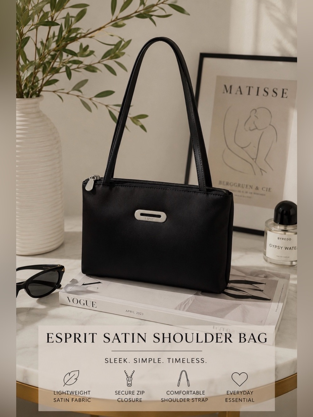 Esprit Black Satin Fabric Shoulder Bag